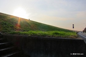 荒川土手の水門と夕陽|戸田公園の散歩