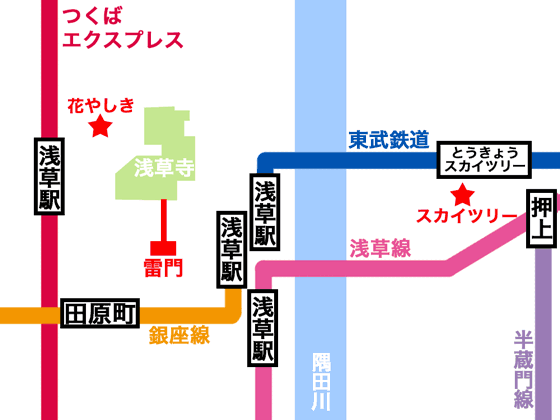 浅草の観光地と路線の地図